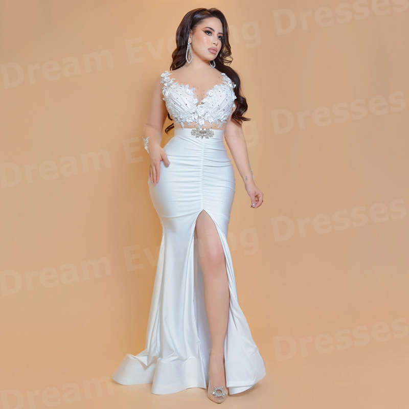 Elegant Satin Evening Gown Split - Elegante weiße Meerjungfrauen-Abendkleider für Damen mit