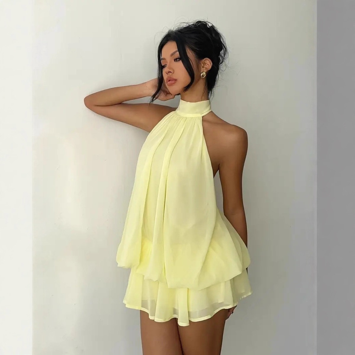 Y2K Backless Halter Mini Dress - Damen Neckholder-Kleid, Rückenfreies Chiffon-Minikleid mit Schnürung
