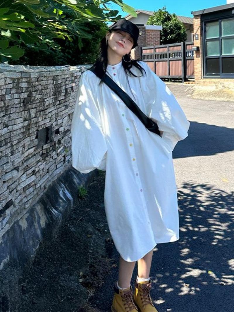 Korean Style A Line Shirt Dress - Übergrößen Damen Langarm-Hemdkleid mit Einzelknopf, Hoher