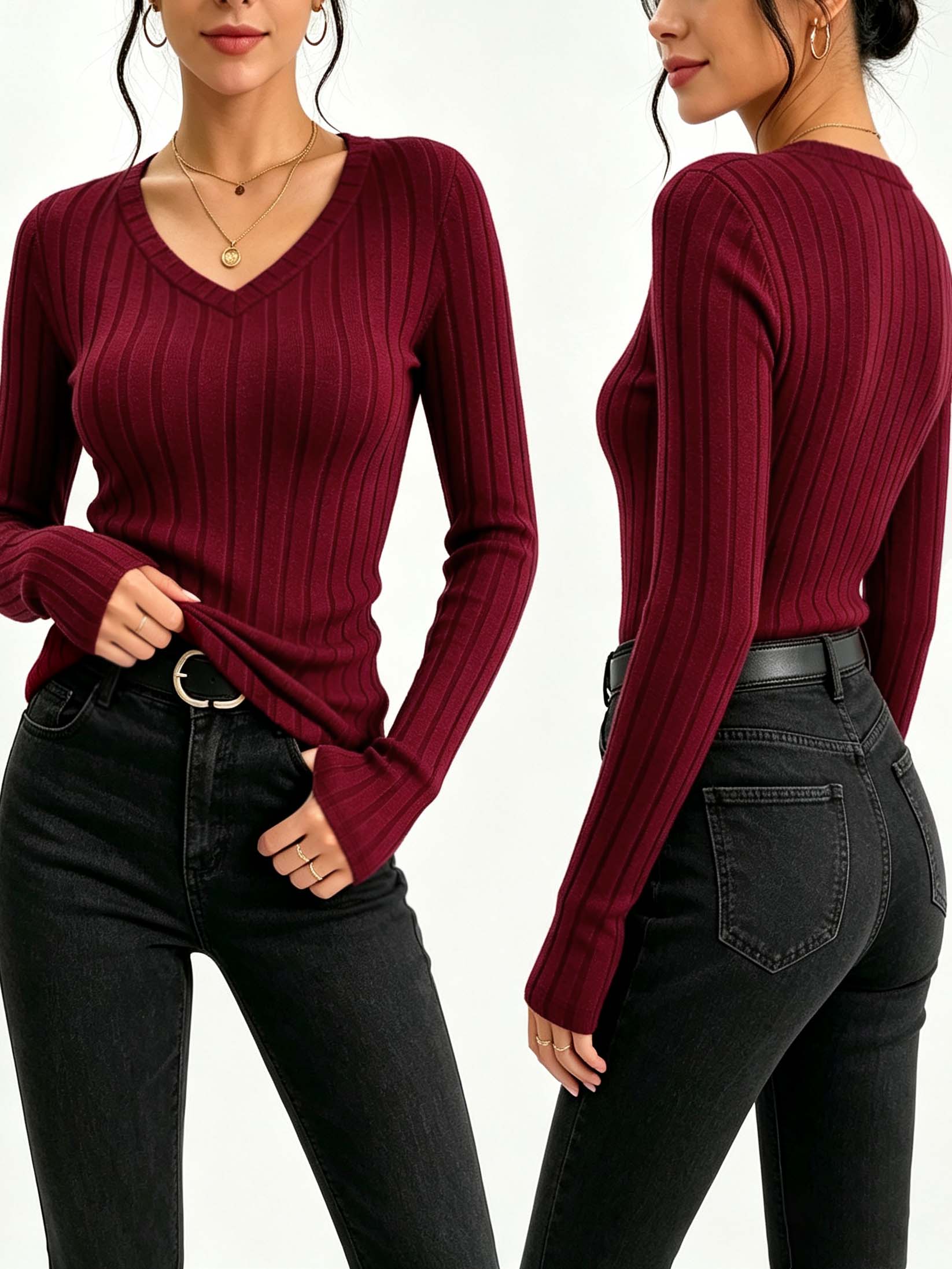 Blouses - Damen-T-Shirt mit V-Ausschnitt, geripptem Strick, schmaler