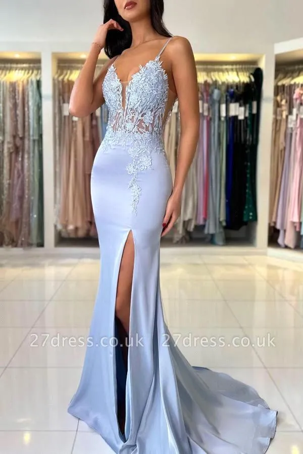 Elegant Satin Evening Gown Split - Elegante Meerjungfrauen-Abendkleider in Hellblau mit sexy