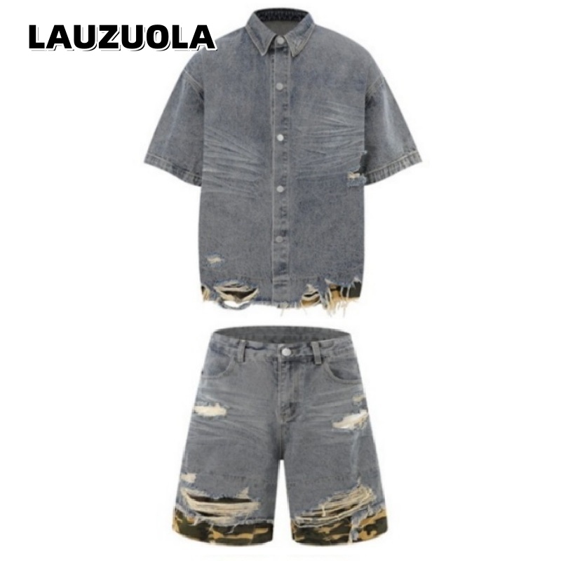 Jeans - Herren Distressed Ripped Denim Kurzarm-Hemd und