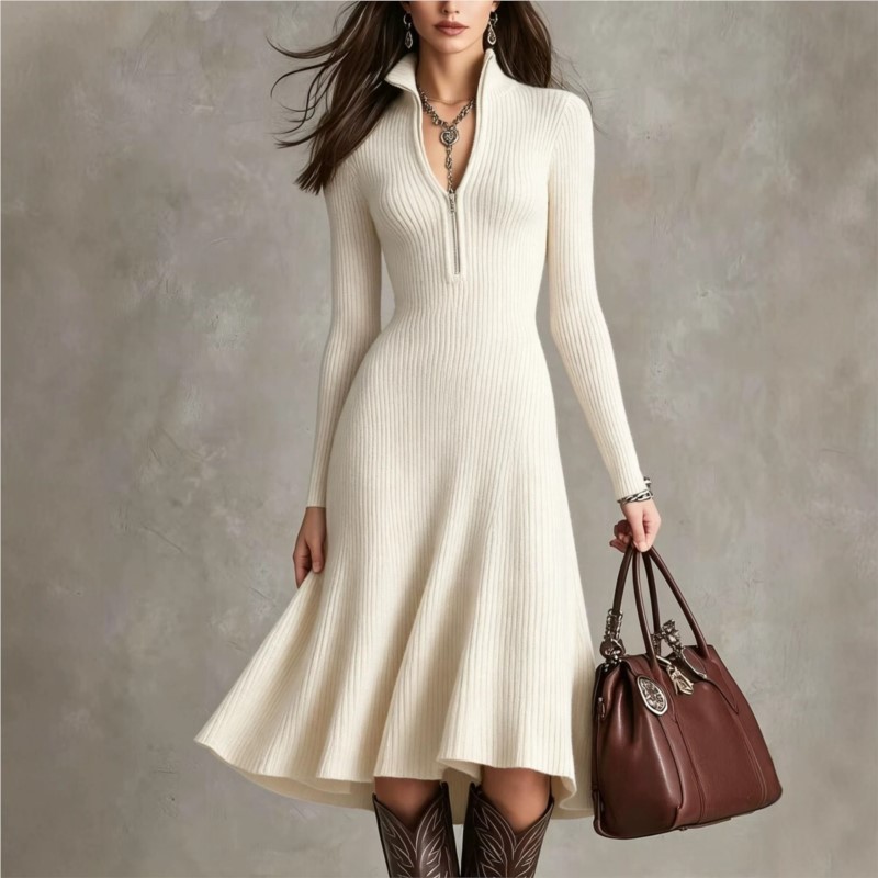 Bodycon Long Sleeve Ribbed Dress - Geripptes Strick-Midikleid für Damen, Herbst-Winter-Mode, halber