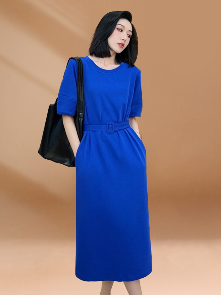 Korean Style A Line Shirt Dress - Klein Blue Damen Sommer Casual Langes