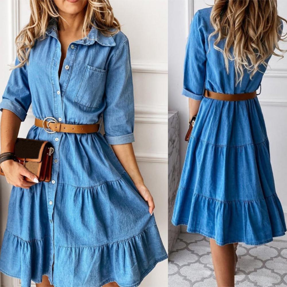 French Vintage Floral Midi Dress - Jeanskleid mit Dreiviertelärmeln und Gürtel Umlegekragen