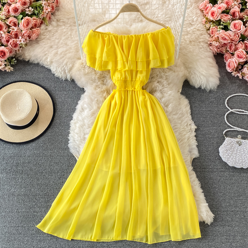 Gelbe feste Frauen Strand klei – Off Shoulder Puff Sleeve Sundress Bewertung und Preis